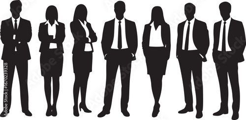 Vector silhouettes of men and a women, a group of standing business people, black and white color isolated on white background 