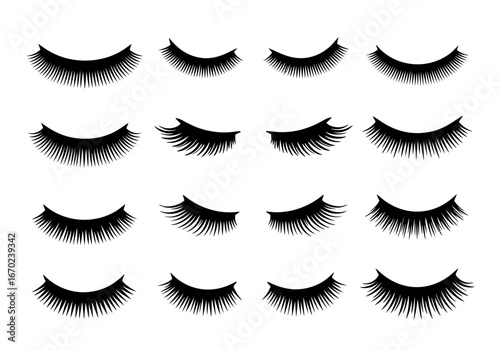 Sixteen stylized black eyelashes are arranged in a fourbyfour grid