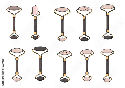 Ten beauty rollers with brown and gold hardware on a white background