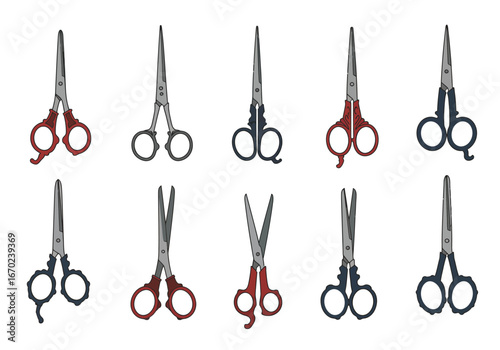 Ten stylized scissors in a grid with varying handle designs and colors against a white background