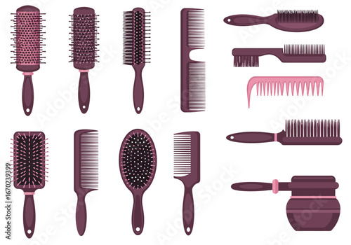 The image showcases various types of hairbrushes and combs in a detailed illustrative style