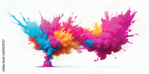 Abstract watercolor explosion illustration with bold colorful stains and brush splashes on white background, modern creative design for stock photo, poster template, flyer and web artwork presentation
