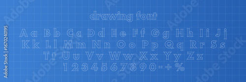 Blueprint font. Architectural typeface. Technical drawing alphabet and numbers with measurement guides on blue grid background. Graphic vector illustration.