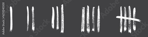 Tally marks brush strokes set. White hand-painted counting lines in various styles, including single strokes and crossed fifth mark on black. Vector grunge ink design for counting, tracking, graphic.