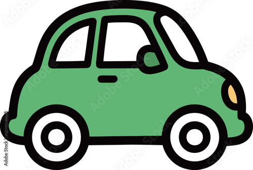 A simple cartoon illustration of a green compact car with a classic, rounded design, perfect for transportation, city life, or kids' themes.
