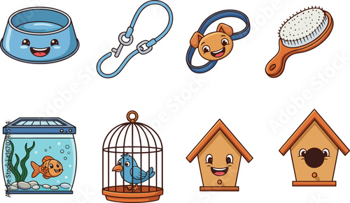 Cartoon pet accessories, bowl, leash, collar, brush, fish tank, birdcage, birdhouse, cute animals, playful pet care vector illustration