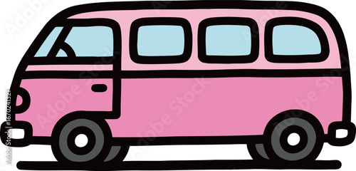 A charming cartoon illustration of a vintage pink camper van, perfect for travel, vacation, or bohemian lifestyle themes.