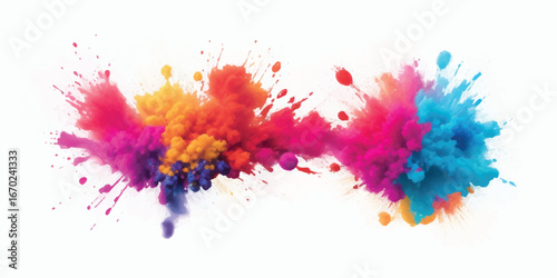 Artistic watercolor explosion featuring colorful stains and abstract brush splashes on white canvas, bold modern design for stock resources, poster template, flyer artwork and digital web banner