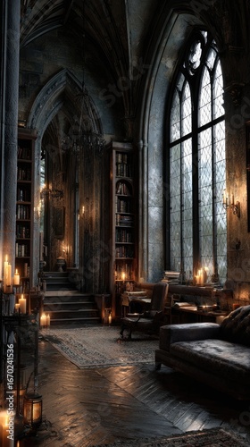 Dark gothic library interior with warm light