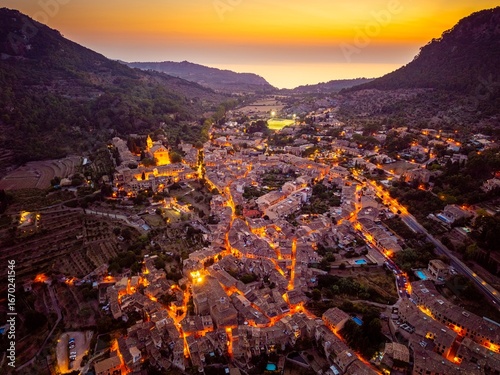 Aerial View of Valldemossa Village at Sunset, Mallorca, Spain