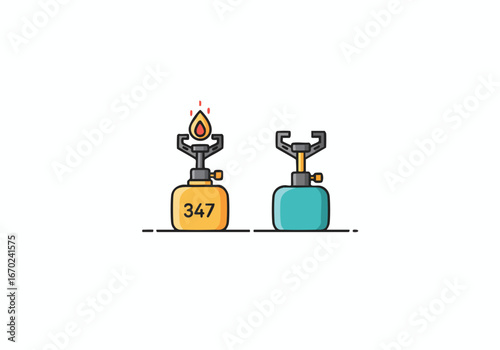 Two portable camping stoves with different colored canisters.