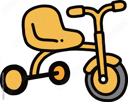Cute yellow tricycle icon doodle vector. Childish hand drawn sketch illustration of a kids bicycle for baby design.