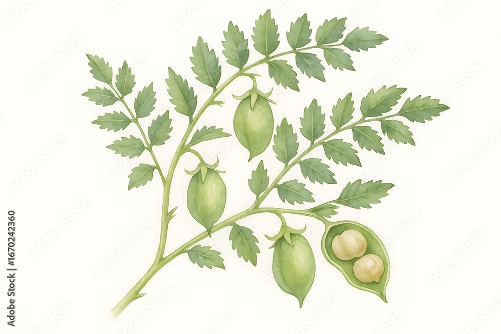 Fototapeta premium Green chickpea plant branch with pods and leaves displayed on a light background