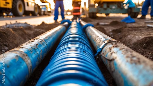 Underground construction site with large blue utility pipes installed in trench for infrastructure development and water supply engineering