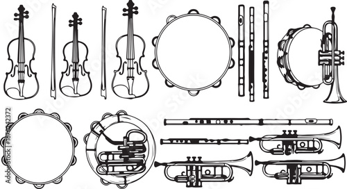 Collection of hand-drawn musical instruments including violins tambourines flutes trumpets and more