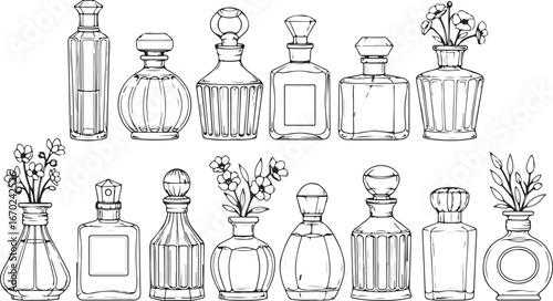 Elegant collection of vintage perfume bottles sketch for sophisticated ambiance