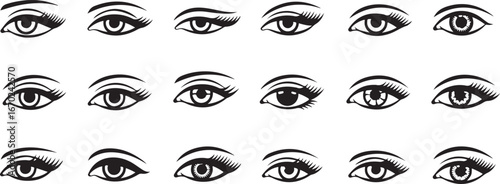 Collection of detailed human eye sketches showing diverse expressions and makeup styles in monochrome