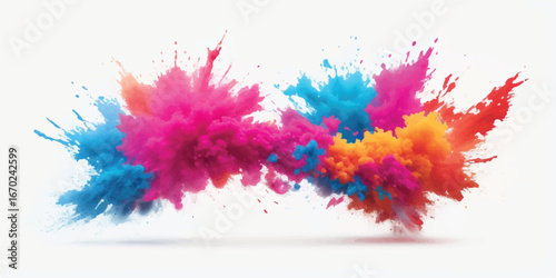 Dynamic watercolor explosion illustration with colorful paint splashes and stains on white canvas, bold abstract design ideal for poster, flyer, stock photo, digital background and presentation use