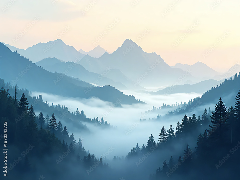 Obraz premium “Ultra-realistic layered vector landscape of mountains covered with morning fog, pine trees silhouettes, soft gradient sunrise sky, detailed textures for natural realism.”