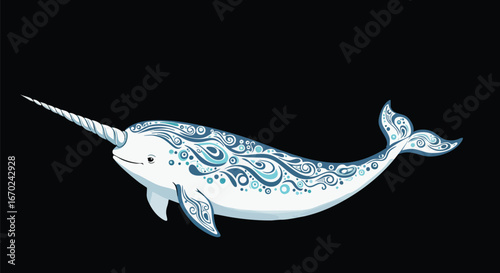 Detailed illustration of a narwhal with intricate blue and white patterns on a black background.
