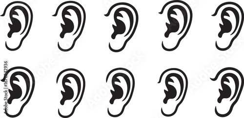 Collection of ten realistic black outline human ear icons on a white canvas for medical or design use