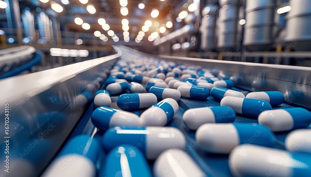 Fototapeta premium blue and white pills on a conveyor belt