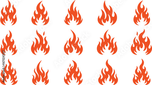 Fiery flames collection diverse styles various sizes vivid orange red realistic abstract heat energy