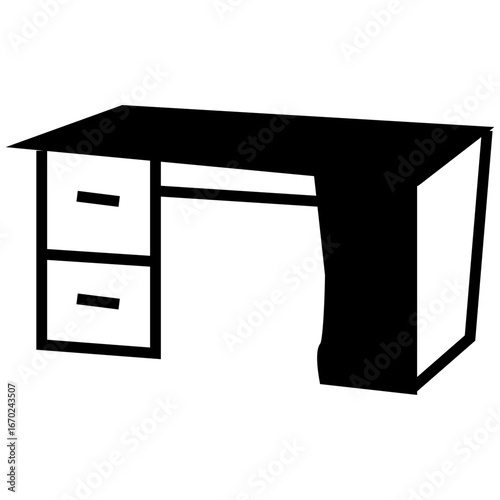 Black silhouette of an office desk with drawers. Vector furniture icon for workplace, home office, and interior design.