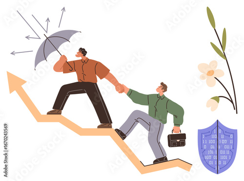 Two people ascending an arrow-shaped path, symbolizing progress, with one shielding from adversity using an umbrella. Accompanied by flowers, shield icon, and binary code details. Ideal for teamwork