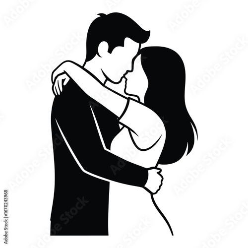 Black and white illustration of a couple embracing and kissing love embrace