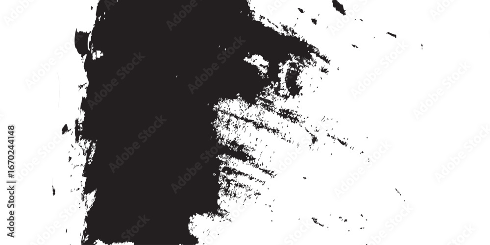 Fototapeta premium An abstract brushstroke image in black ink against a stark white backdrop. The bold dark mass bleeds into broken textures, resembling erosion, stormy skies, or weathered surfaces. A modern expression