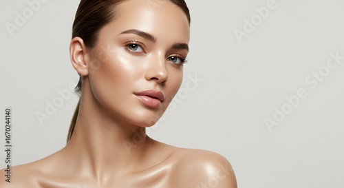 Portrait of a woman with glowing skin and a ponytail