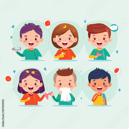 Vector icon set of sick children with toothache, fever, cough, and chickenpox. Cute flat style, clean minimal design for pediatric healthcare.

