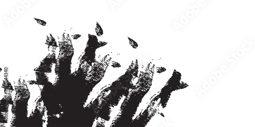 
An abstract brushstroke image in black ink against a stark white backdrop. The bold dark mass bleeds into broken textures, resembling erosion, stormy skies, or weathered surfaces. A modern expression