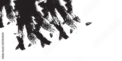
An abstract brushstroke image in black ink against a stark white backdrop. The bold dark mass bleeds into broken textures, resembling erosion, stormy skies, or weathered surfaces. A modern expression