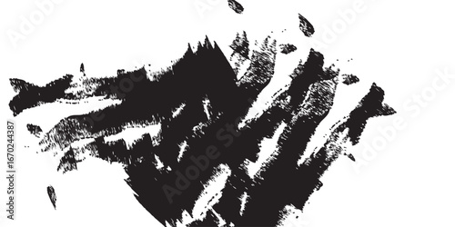 
Expressive ink stroke in high contrast black and white. The dense black mass dominates the left while irregular textures scatter across the right, blending raw power with delicate fragmentation. 
