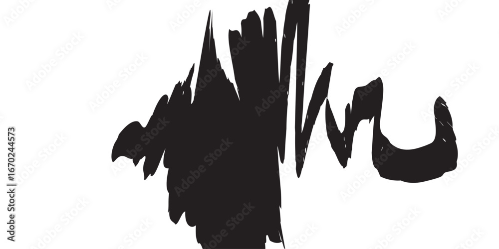 Fototapeta premium Expressive ink stroke in high contrast black and white. The dense black mass dominates the left while irregular textures scatter across the right, blending raw power with delicate fragmentation. 