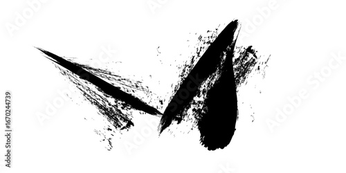 
Expressive ink stroke in high contrast black and white. The dense black mass dominates the left while irregular textures scatter across the right, blending raw power with delicate fragmentation. 
