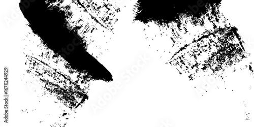 
Minimalist black-and-white abstract stroke, with dense ink coverage on one side transitioning into fragmented textures and scattered specks as it moves outward. The artwork symbolizes fading, erosion