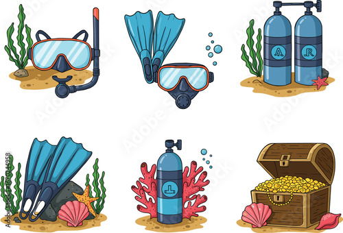 Cartoon scuba diving gear, snorkel mask, swim fins, air tanks, treasure chest, coral reef, underwater exploration, playful marine vector illustration set