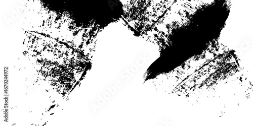 
Minimalist black-and-white abstract stroke, with dense ink coverage on one side transitioning into fragmented textures and scattered specks as it moves outward. The artwork symbolizes fading, erosion