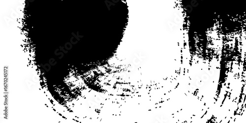 
Minimalist black-and-white abstract stroke, with dense ink coverage on one side transitioning into fragmented textures and scattered specks as it moves outward. The artwork symbolizes fading, erosion