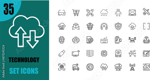 Diverse collection of 35 outline icons for general use and digital design projects