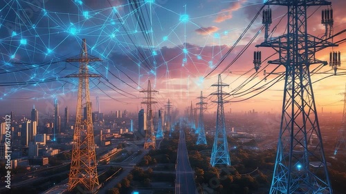 High voltage power lines with digital network connections above city skyline at sunset showing smart grid energy infrastructure and technology