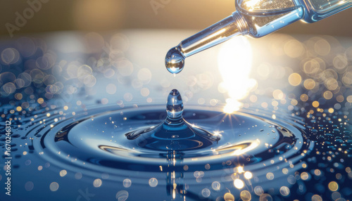 Water drop falling from pipette creating ripples on a surface  