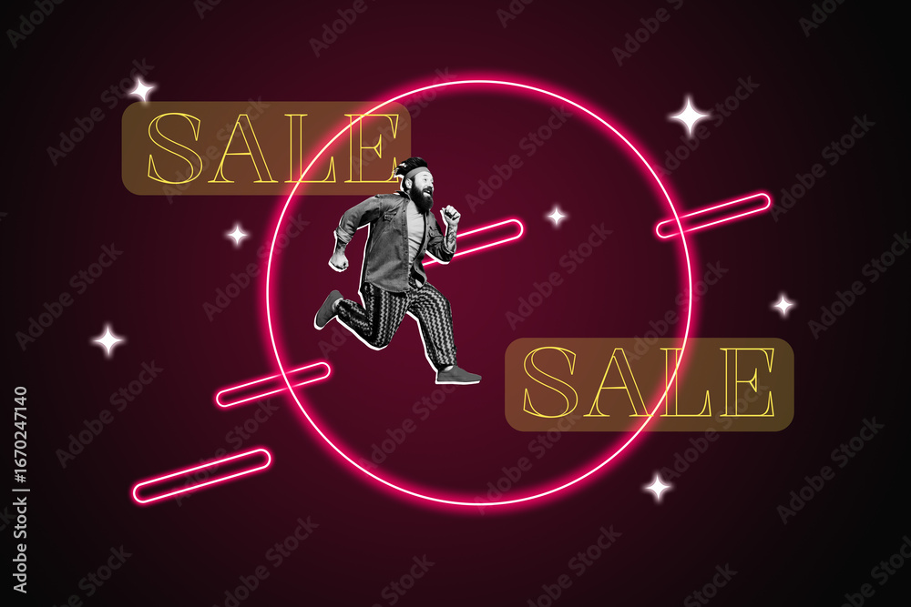 Obraz premium Artwork sketch banner full 3d collage of happy guy run sale consumerism bargain offer buyer mall addiction client discount