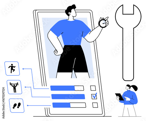 Person on mobile screen with workout icons, stats, and checklist. Large wrench symbol and observer with tablet. Ideal for fitness, tracking, health, data, progress app design simple landing page