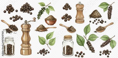 Watercolor illustration of black peppercorns, powder, leaves, grinder, jar, and spoon on a transparent background.