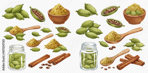 Watercolor illustration featuring cardamom pods, powder, cinnamon sticks, and seeds arranged on a transparent background.