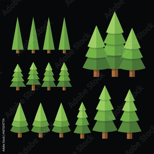 Set of Stylized Flat Design Evergreen Trees Collection Vector Graphics